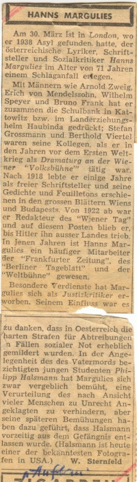Obituary of Hans Margulies, 'Aufbau'